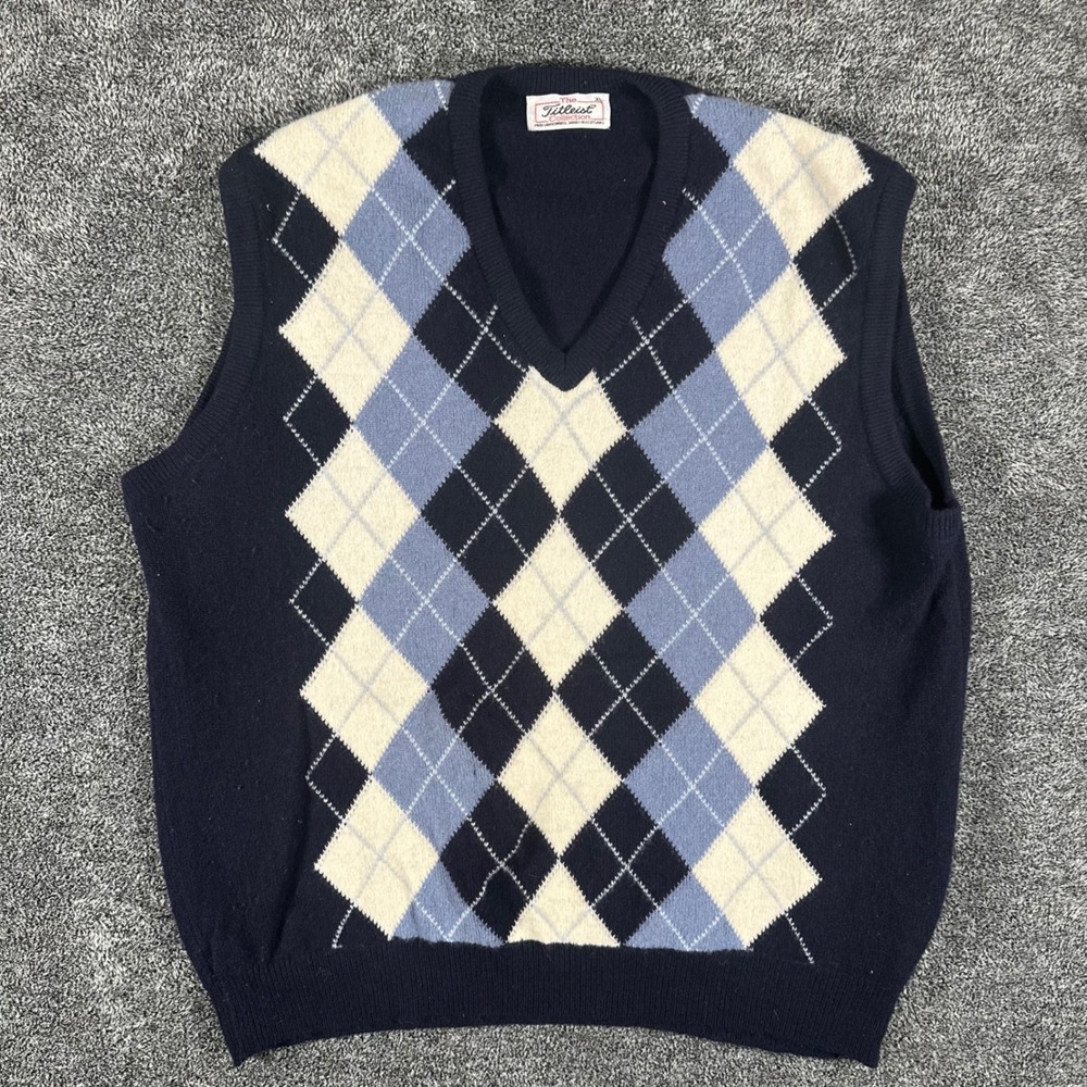 Titleist Sweater Vest Mens XL Wool Navy Blue Argyle Made in Scotland Golf Vest